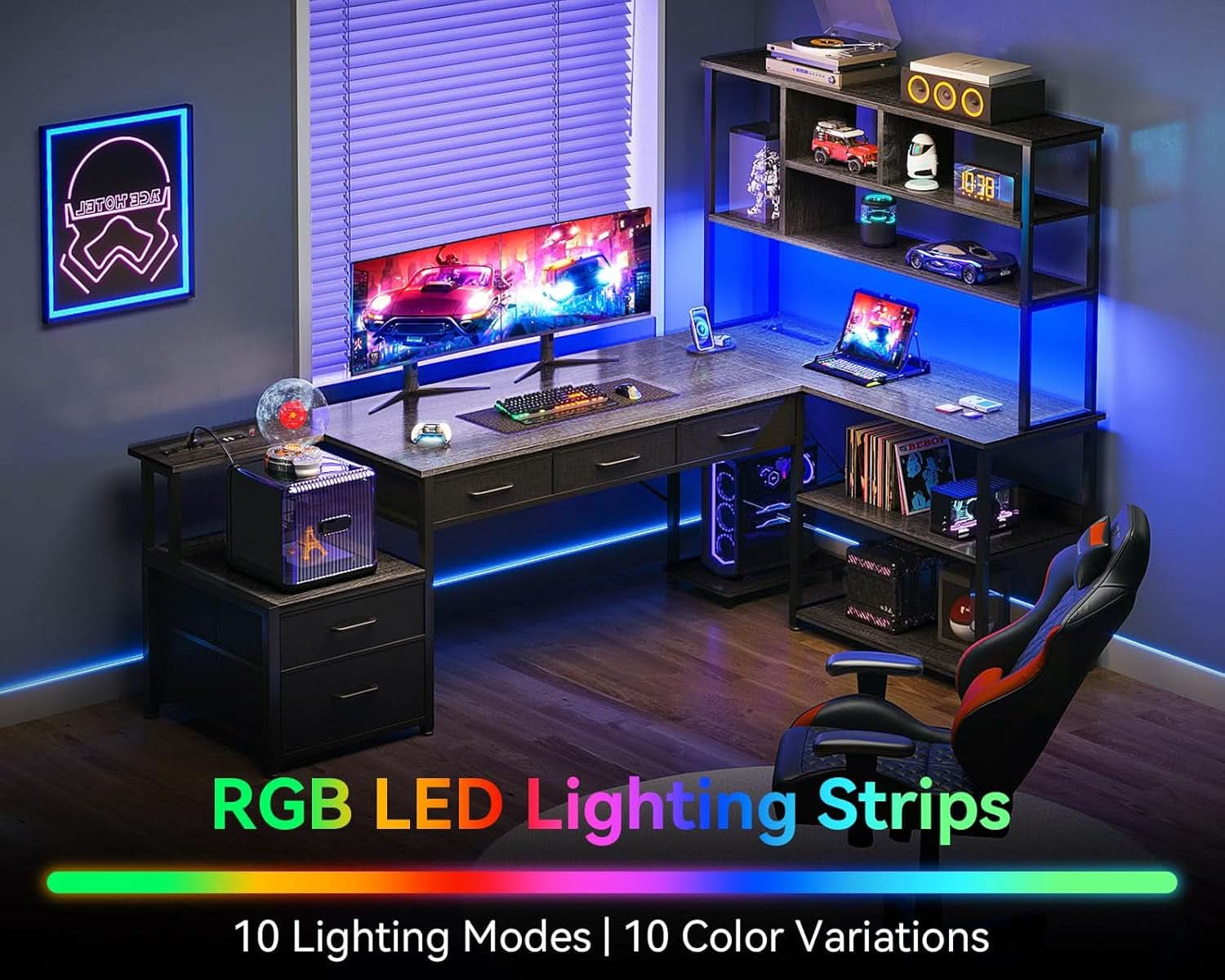 79 Inch L Shaped Desk With LED Lights Power Outlets
