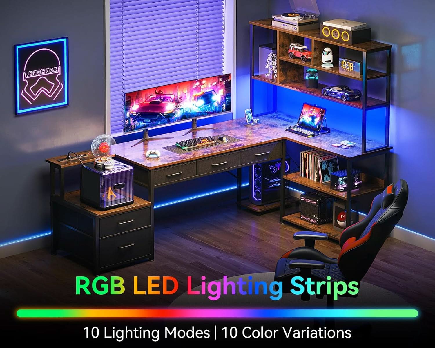 79 Inch L Shaped Desk With Power Outlets And LED Lights