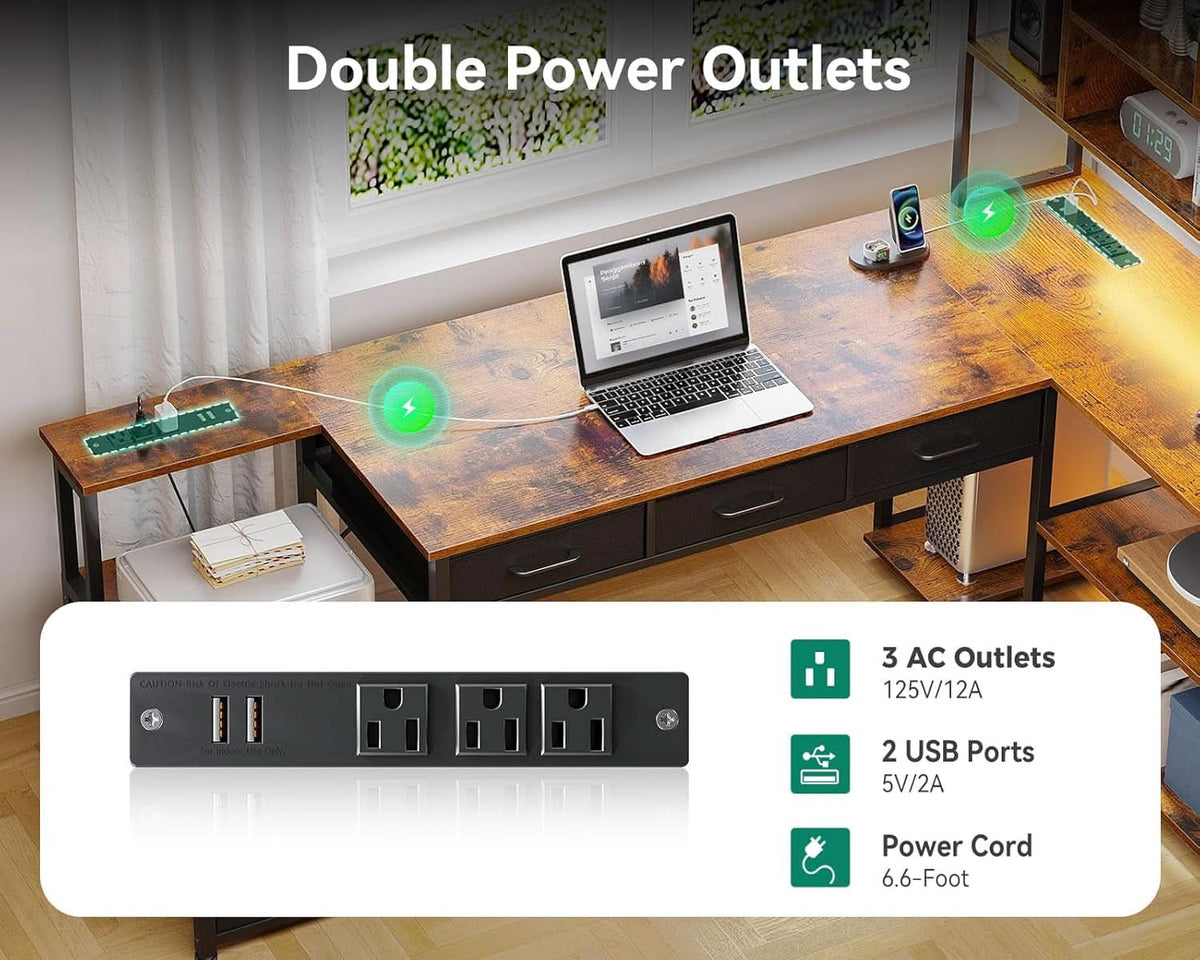 79 Inch L Shaped Desk With Power Outlets And LED Lights