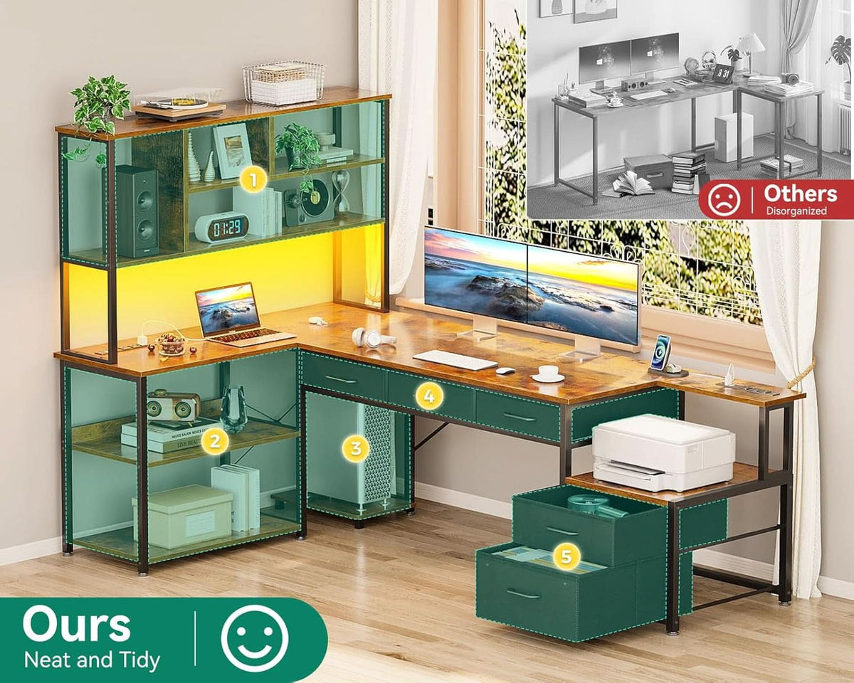 79 Inch L Shaped Desk With Power Outlets And LED Lights