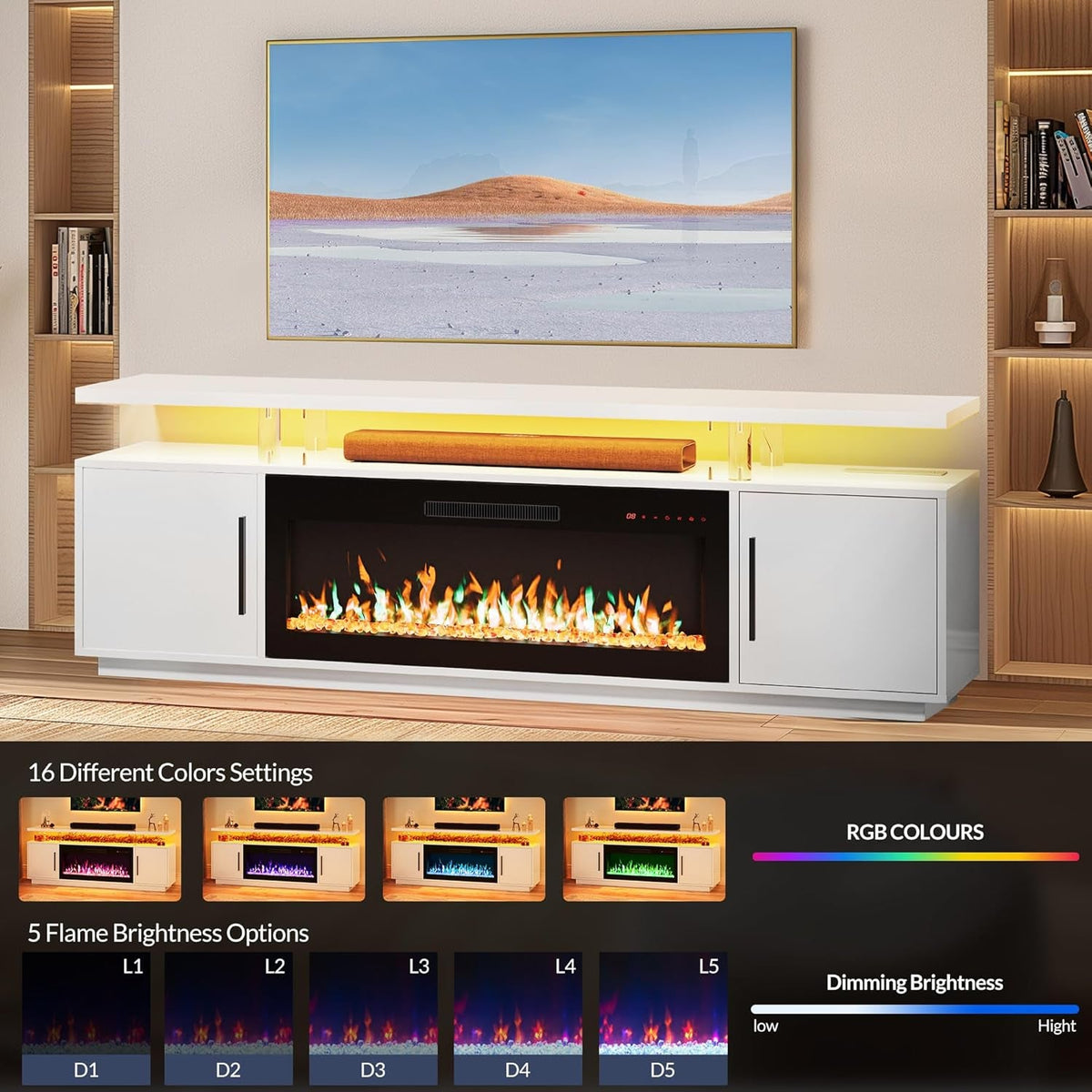 79 Inch TV Stand With Electric Fireplace White USB Port