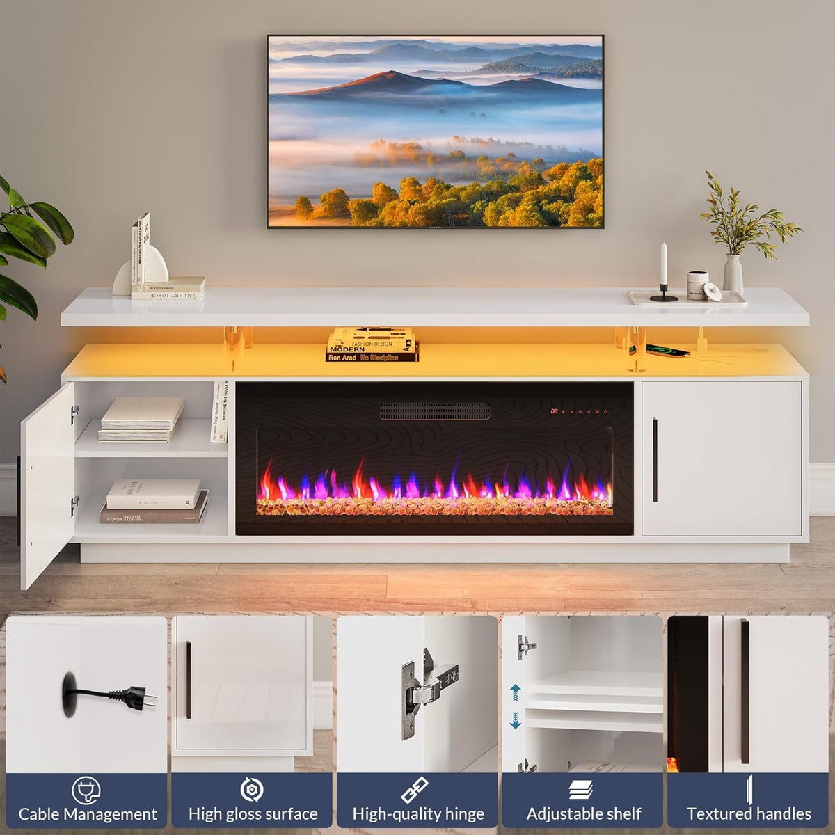 79 Inch TV Stand With Electric Fireplace White USB Port