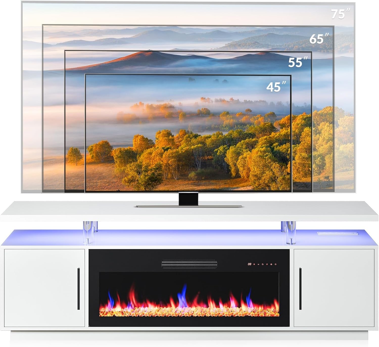 79 Inch TV Stand With Electric Fireplace White USB Port