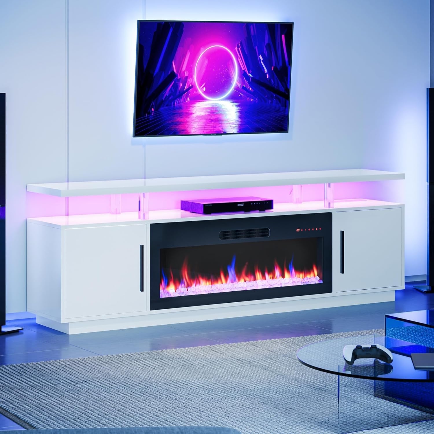 79 Inch TV Stand With Electric Fireplace White USB Port