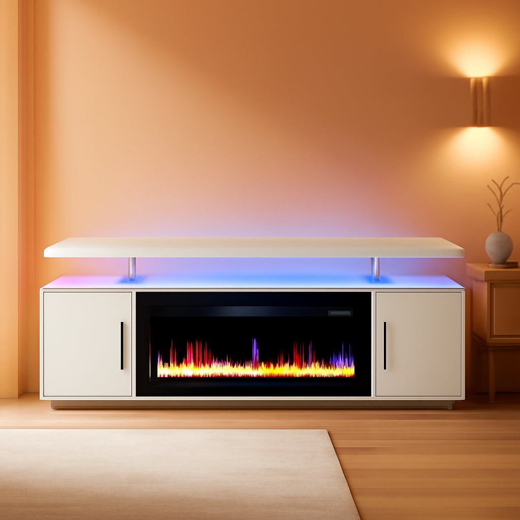79 Inch TV Stand With Electric Fireplace White USB Port
