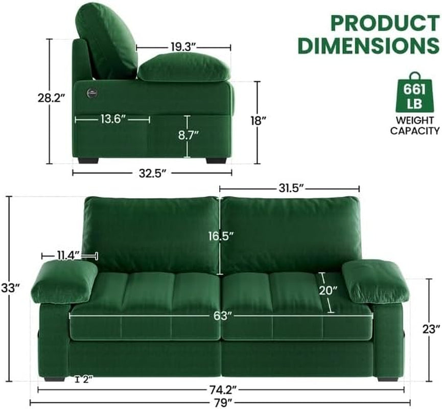 79 Inch Velvet Couch With USB Ports And Pockets Green