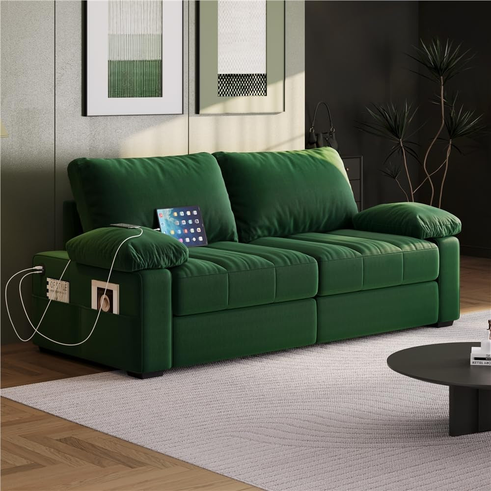 79 Inch Velvet Couch With USB Ports And Pockets Green