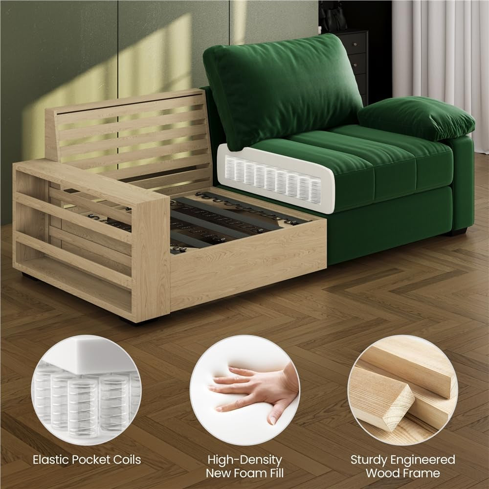 79 Inch Velvet Couch With USB Ports And Pockets Green