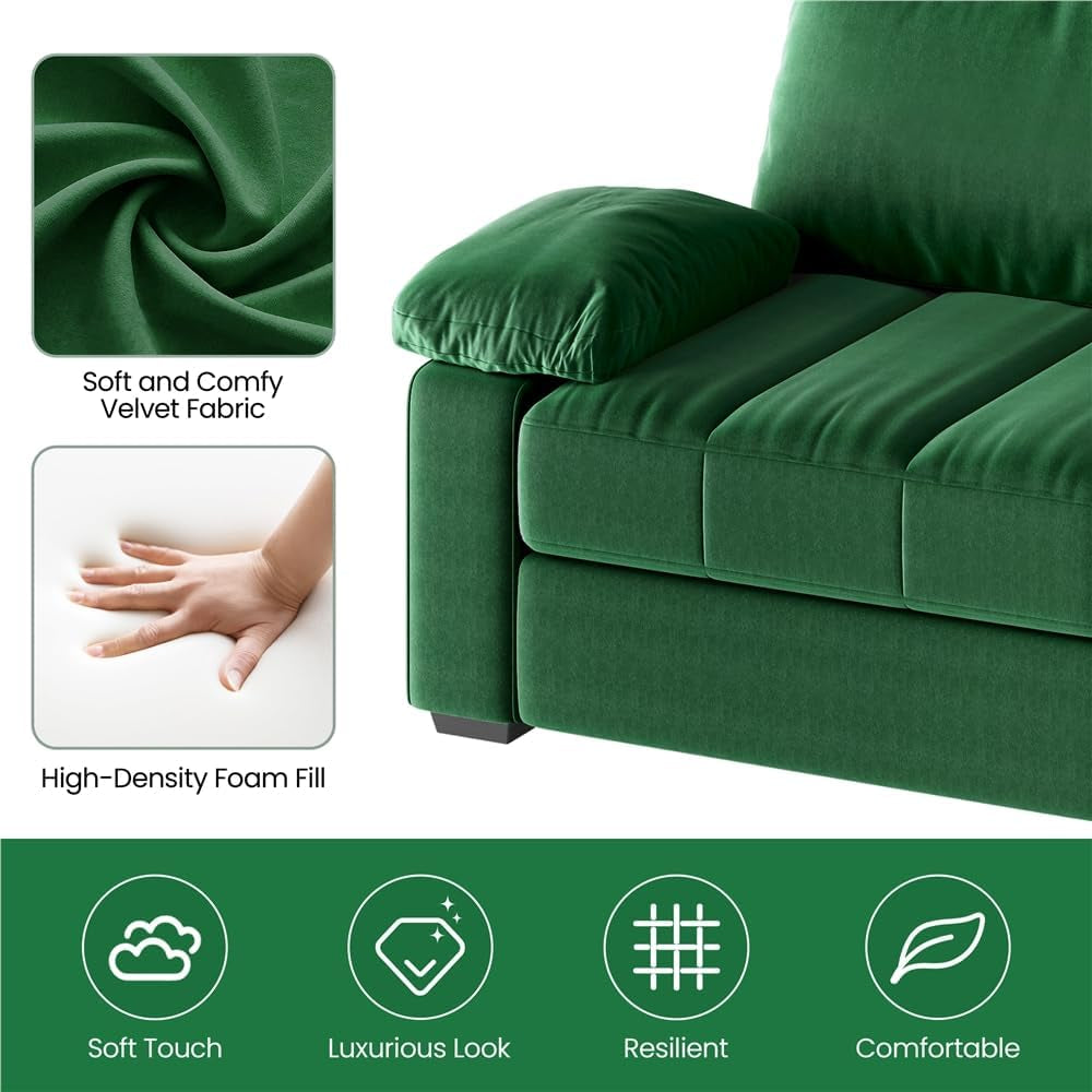 79 Inch Velvet Couch With USB Ports And Pockets Green