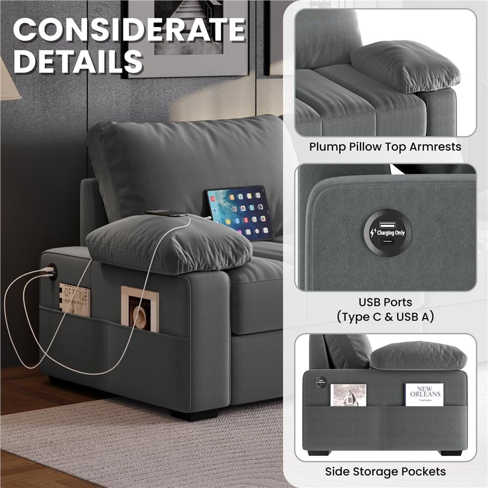 79 Inch Velvet Sofa With USB Ports For Living Room Decor