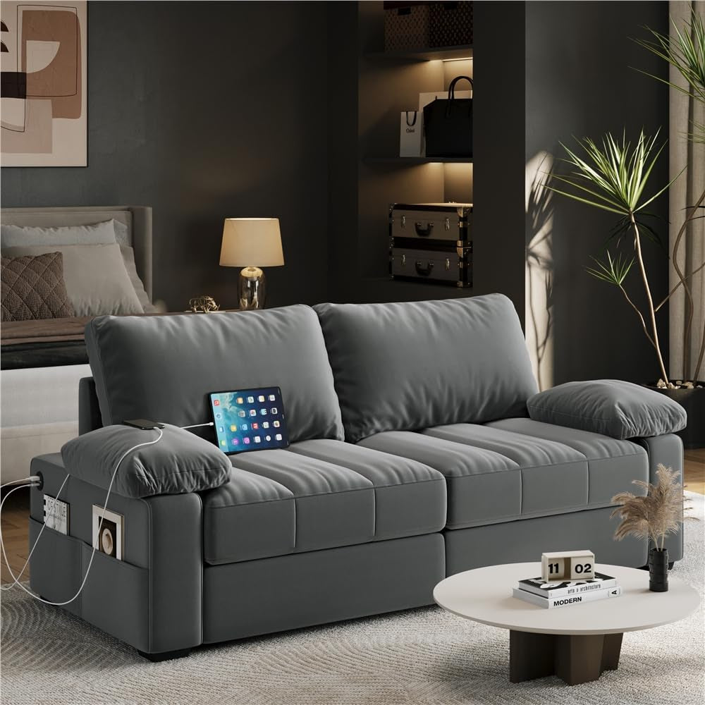 79 Inch Velvet Sofa With USB Ports For Living Room Decor