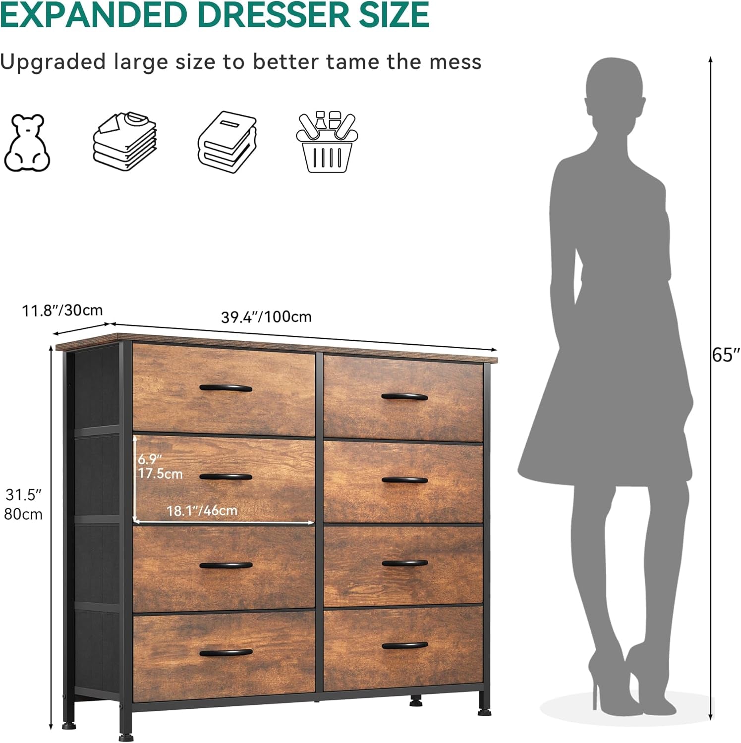 8 Drawer Fabric Dresser With Wooden Top For Bedroom Storage