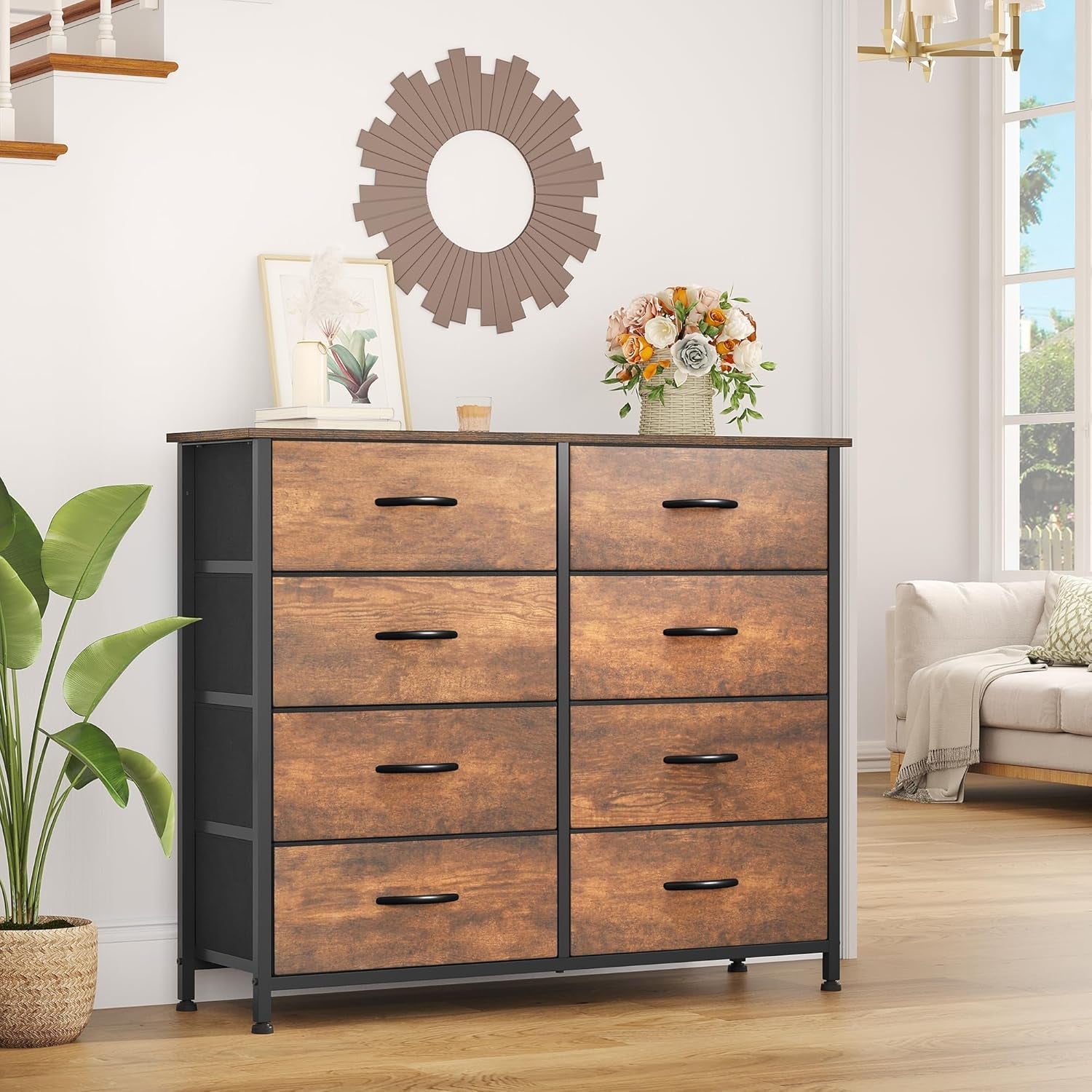 8 Drawer Fabric Dresser With Wooden Top For Bedroom Storage