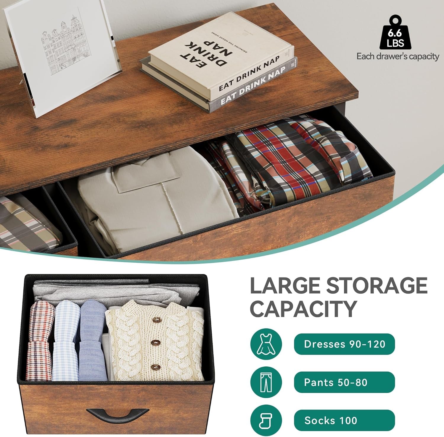 8 Drawer Fabric Dresser With Wooden Top For Bedroom Storage