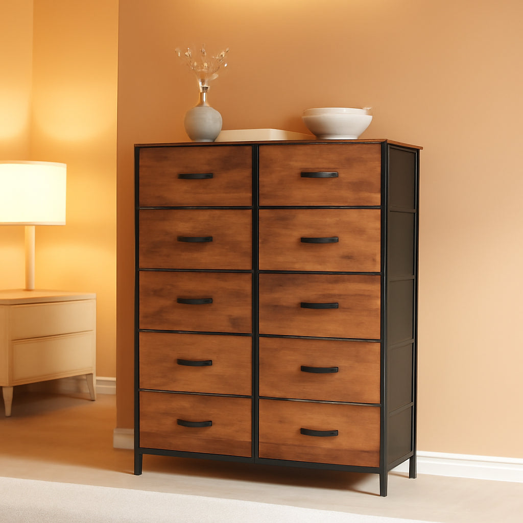 8 Drawer Fabric Dresser With Wooden Top For Bedroom Storage