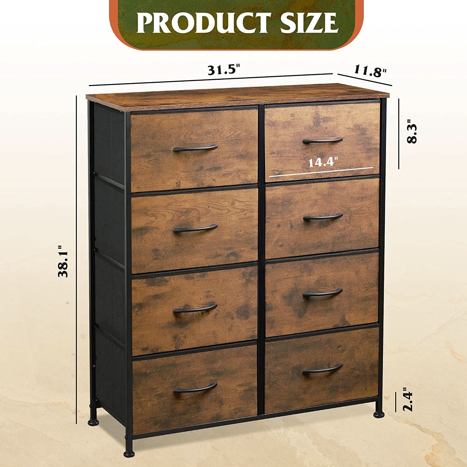 8 Drawer Fabric Storage Tower Rustic Brown For Bedroom