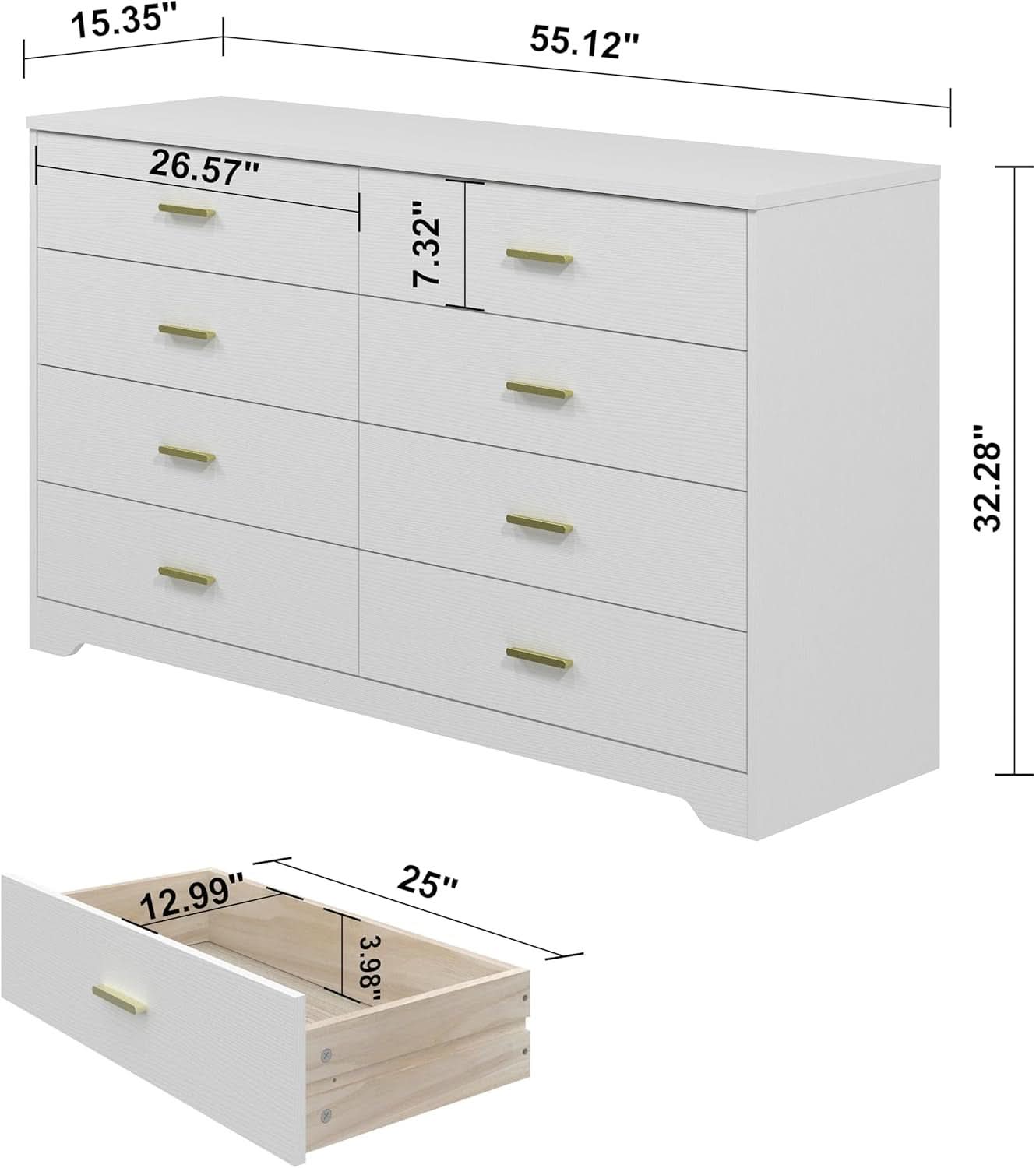 8 Drawer White Wood Lateral Dresser With Gold Handles
