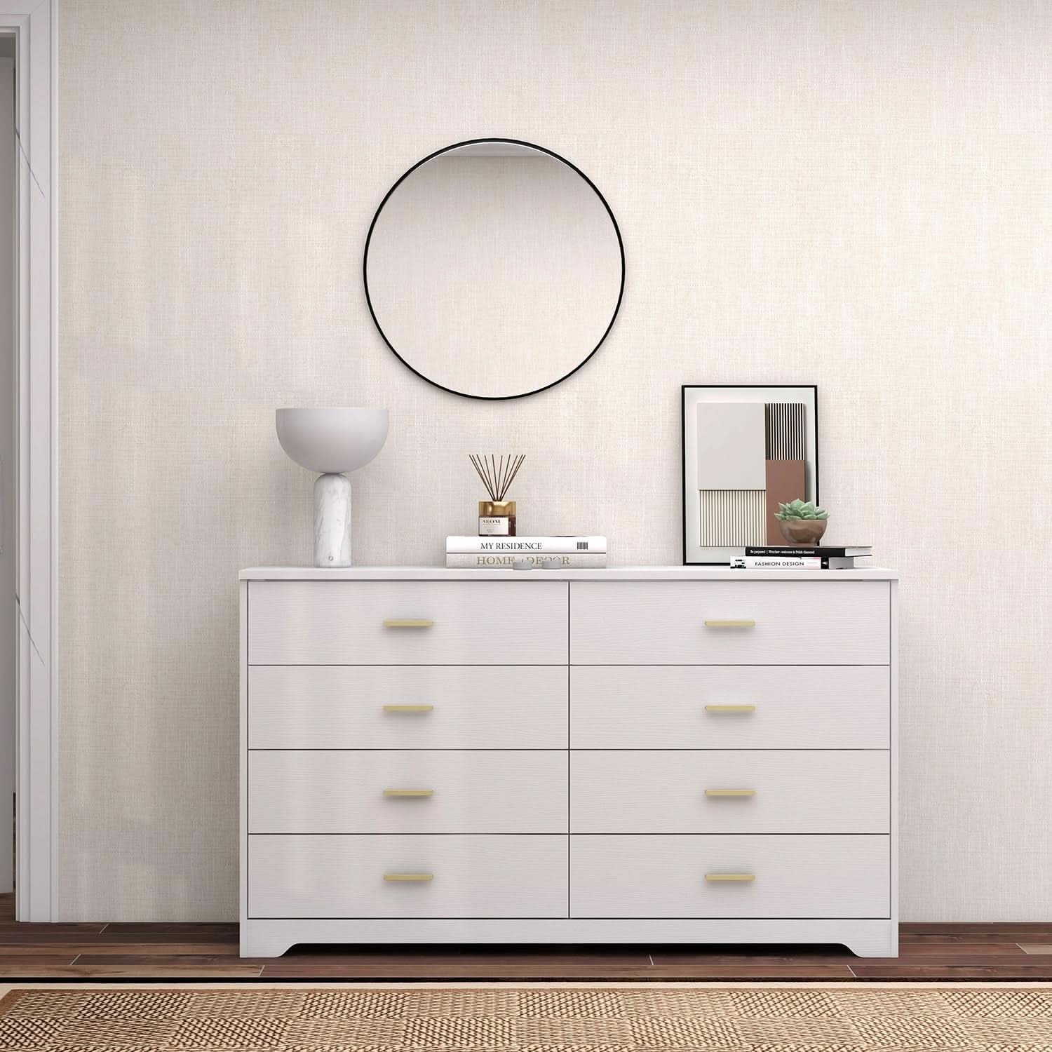 8 Drawer White Wood Lateral Dresser With Gold Handles
