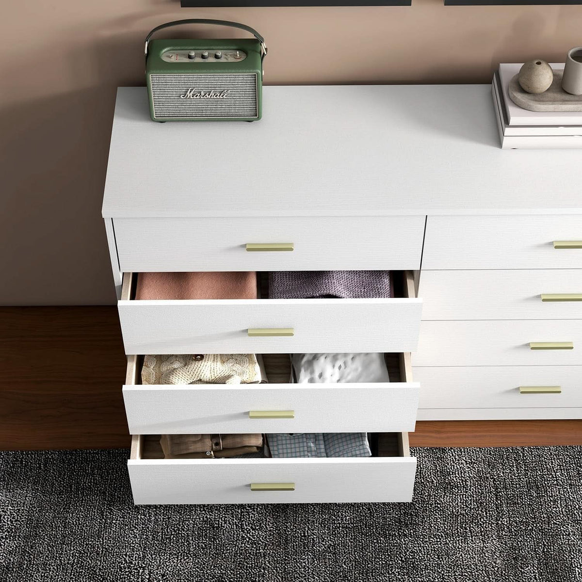 8 Drawer White Wood Lateral Dresser With Gold Handles