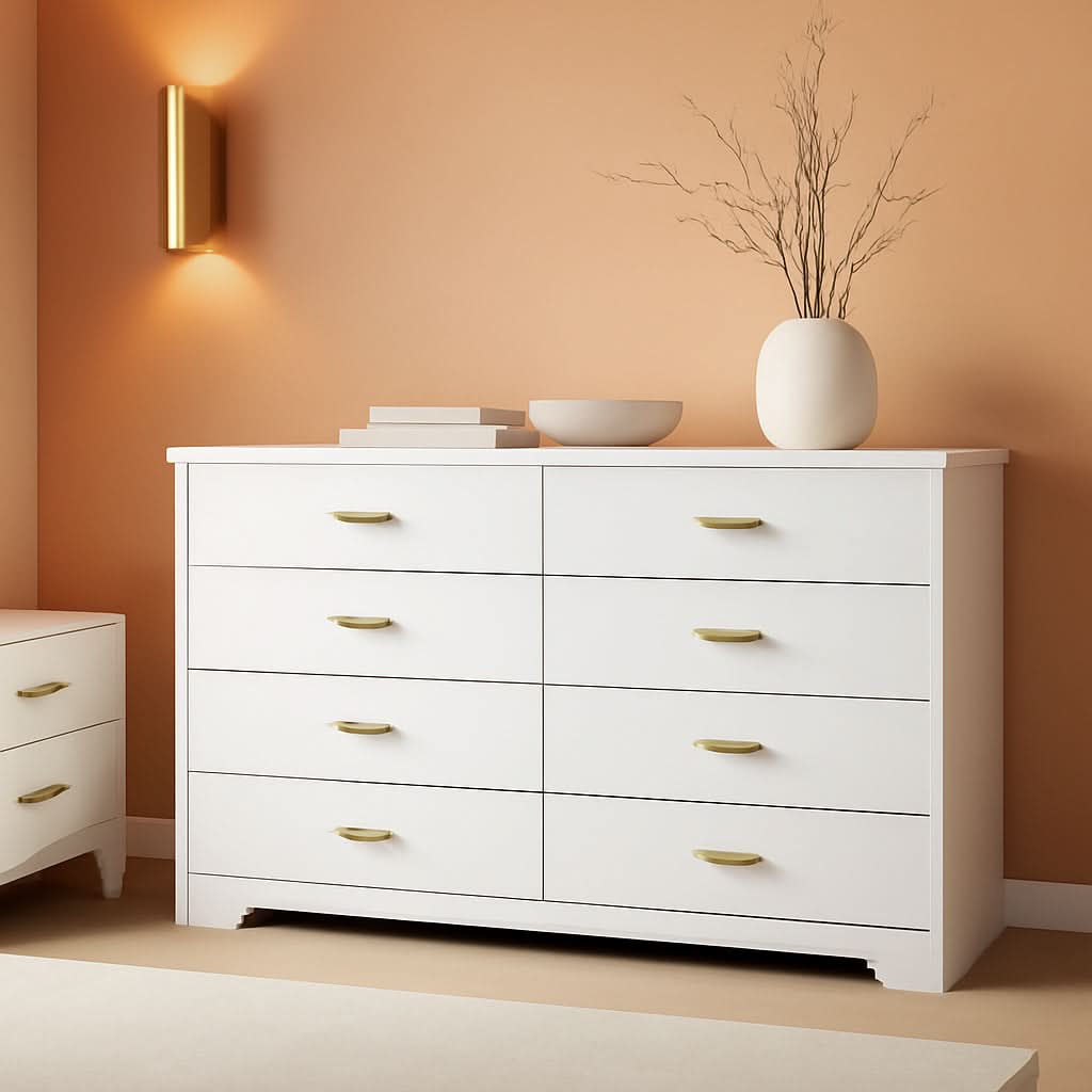 8 Drawer White Wood Lateral Dresser With Gold Handles