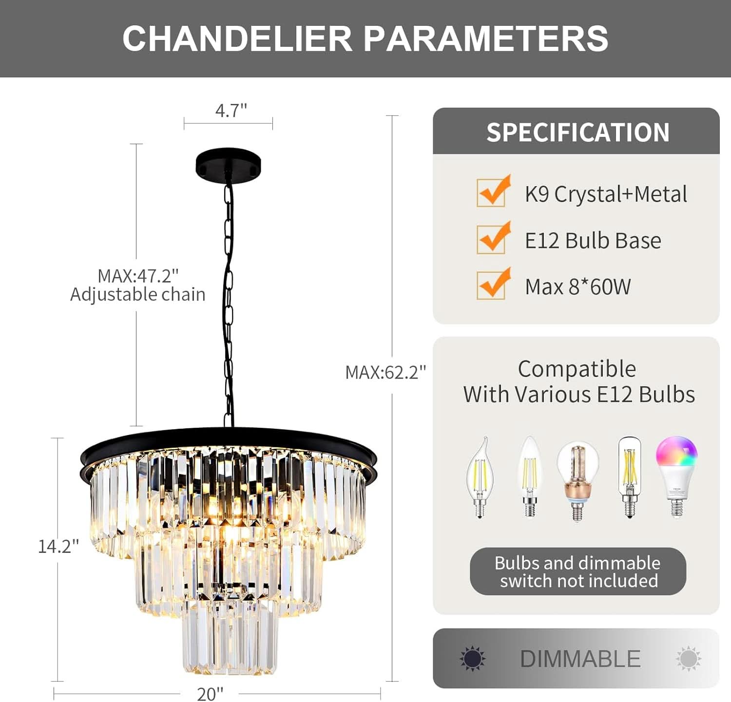8 Light Black Crystal Chandelier Elegant Dining Fixture