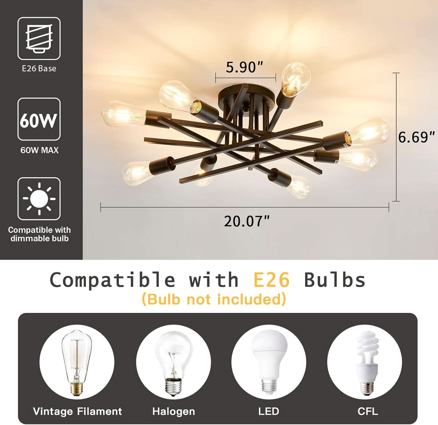 8 Light Matte Black Sputnik Chandelier Semi Flush Mount