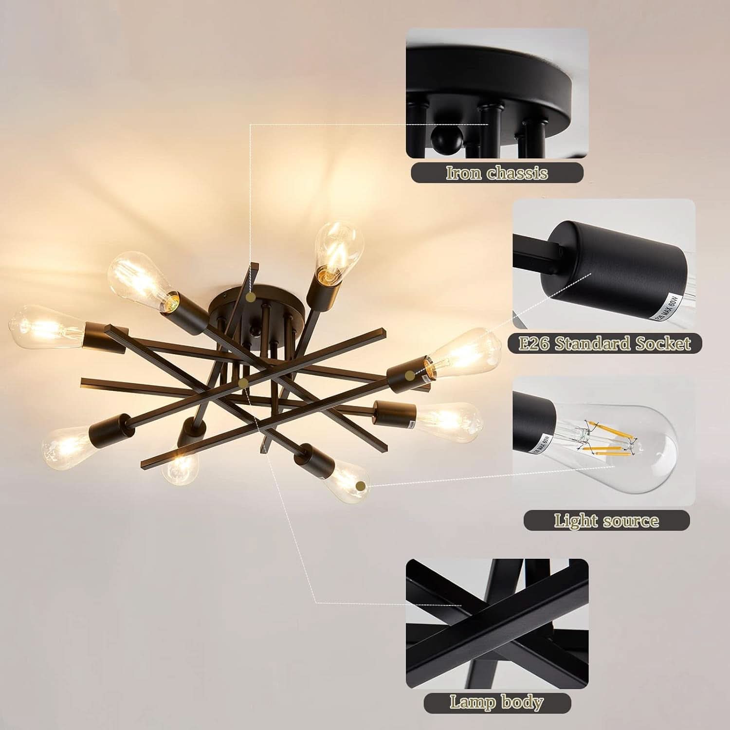 8 Light Matte Black Sputnik Chandelier Semi Flush Mount