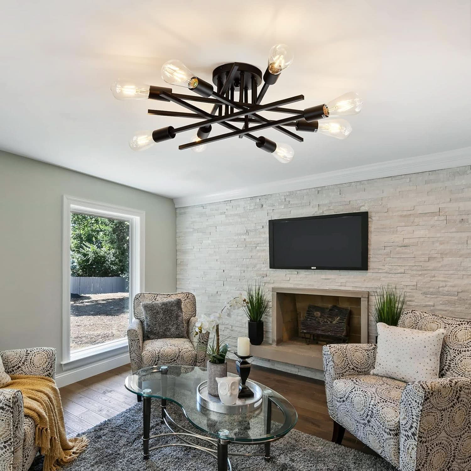 8 Light Matte Black Sputnik Chandelier Semi Flush Mount
