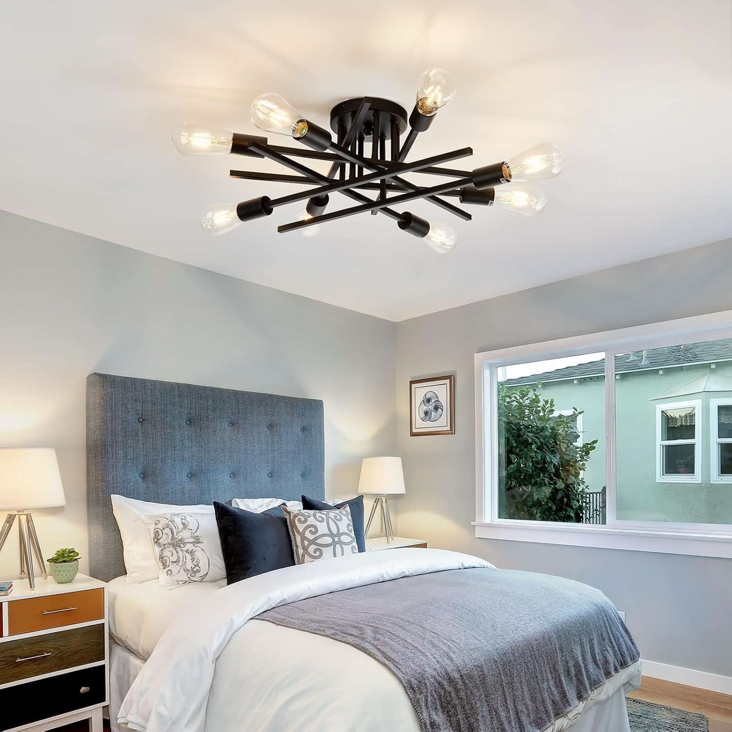 8 Light Matte Black Sputnik Chandelier Semi Flush Mount