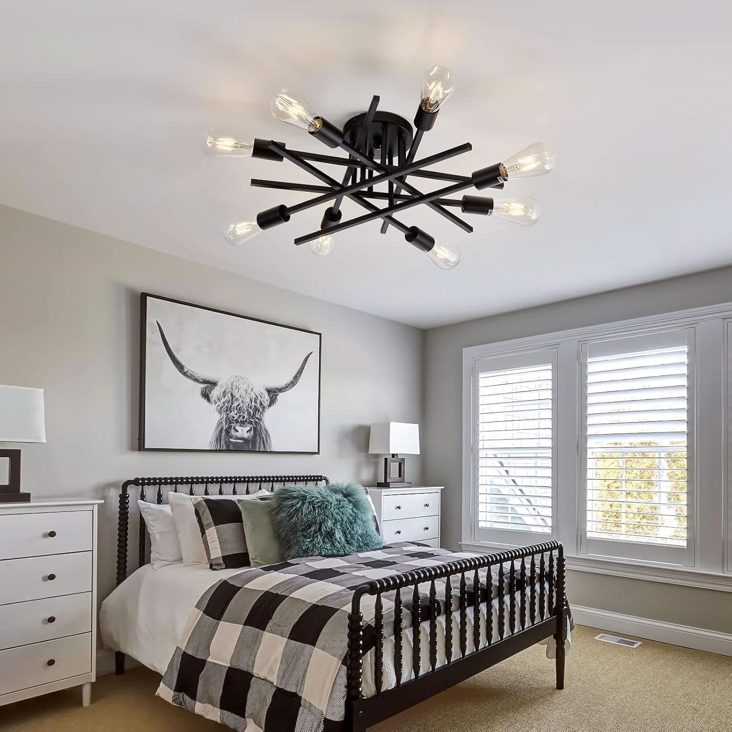 8 Light Matte Black Sputnik Chandelier Semi Flush Mount