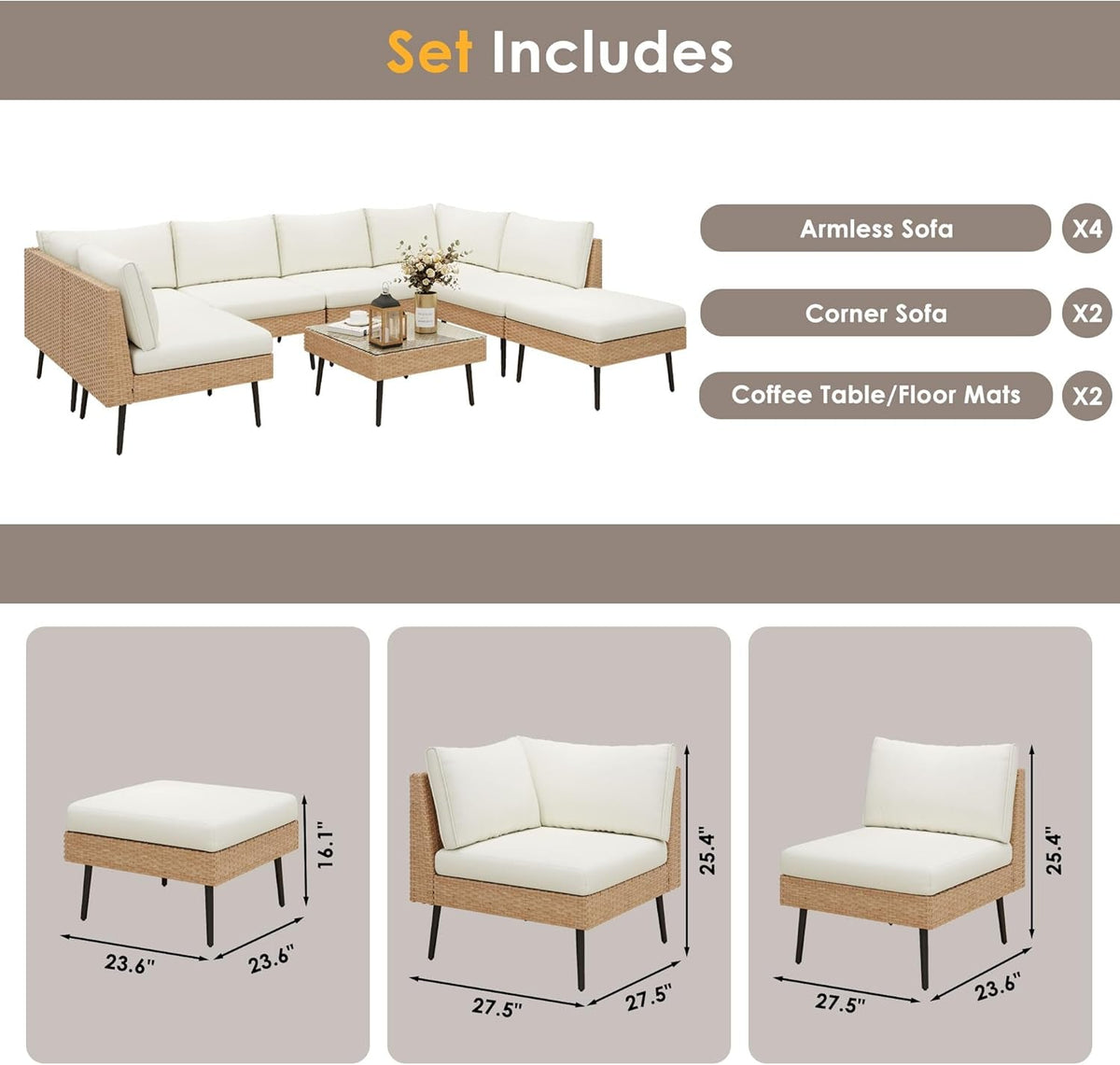 8 Piece Outdoor Patio Sectional Set With Waterproof Cover