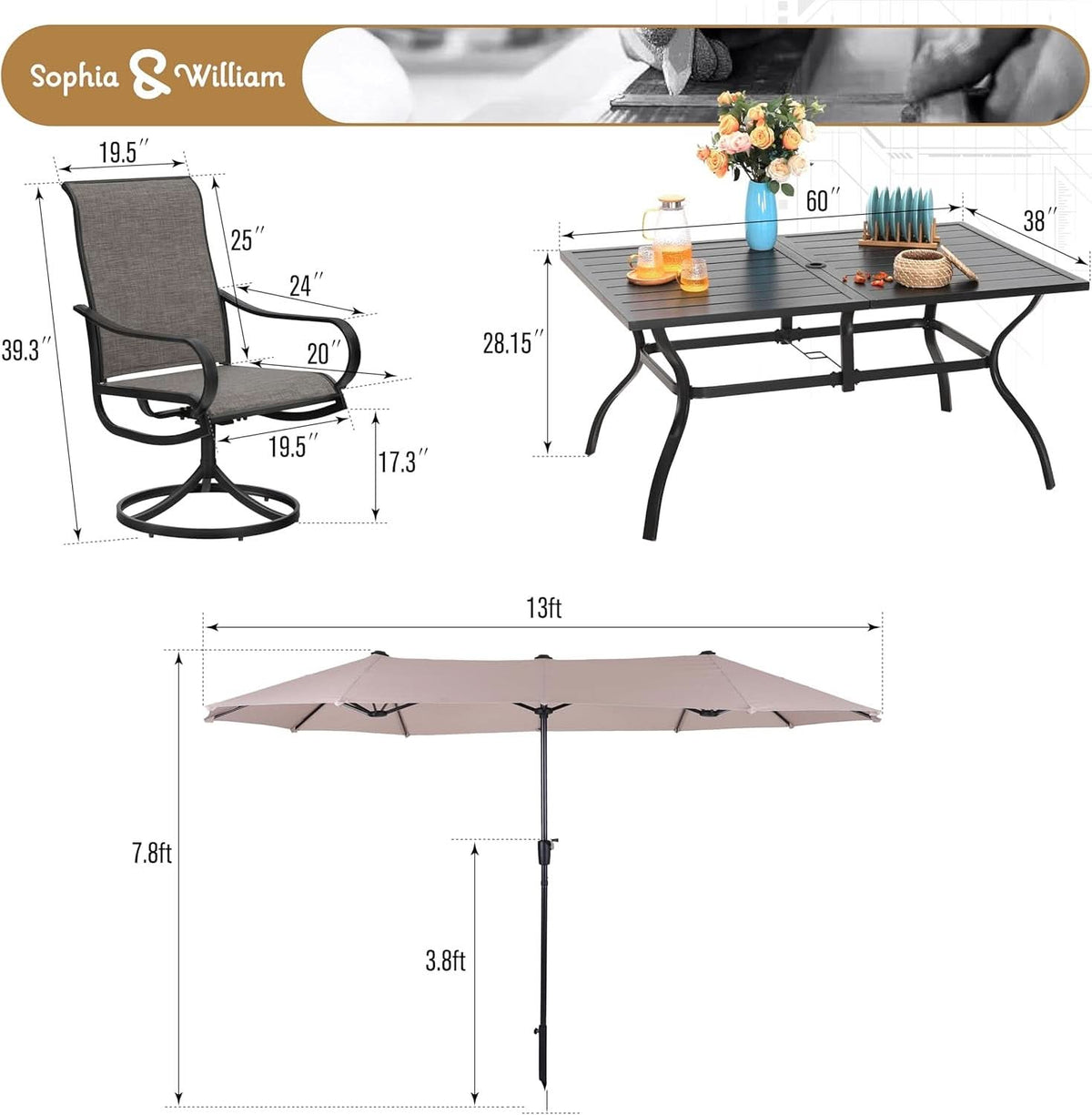8 Piece Patio Dining Set For 6 With 13 Foot Beige Umbrella