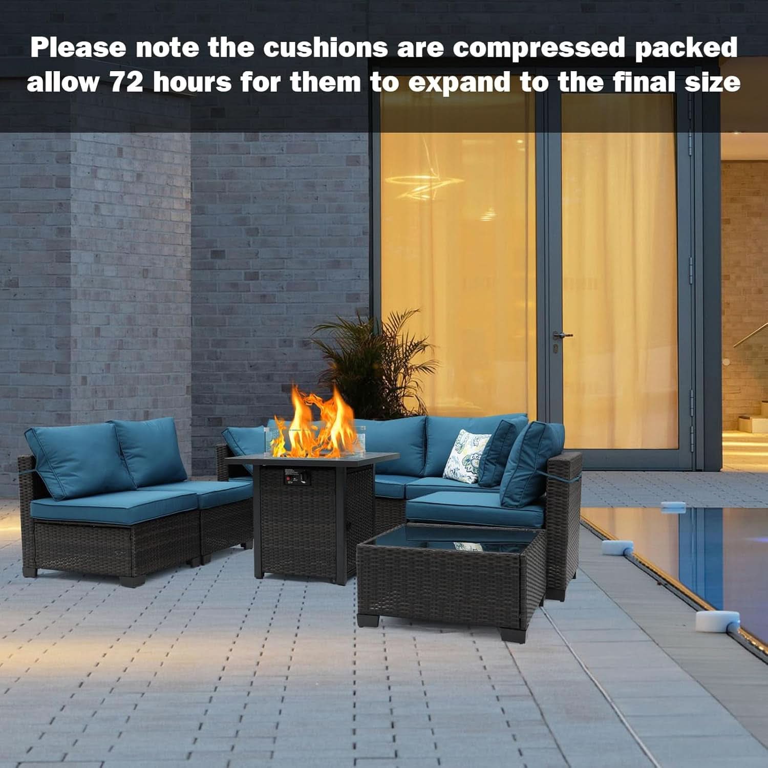 8 Piece Rattan Patio Set With 28In Gas Fire Pit Brown Blue