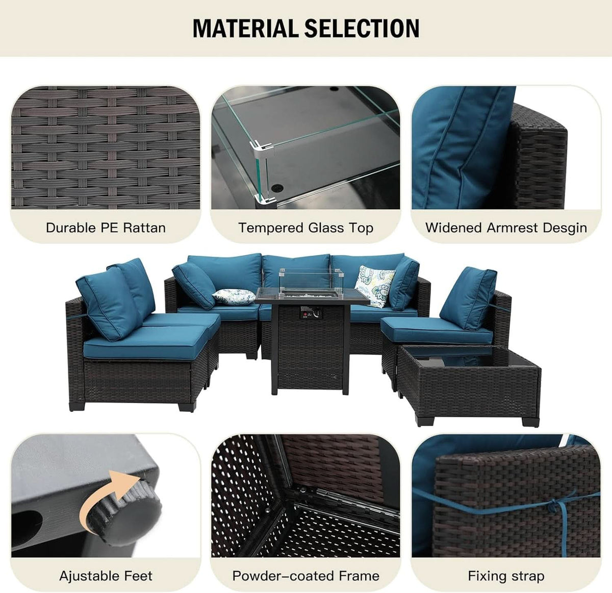 8 Piece Rattan Patio Set With 28In Gas Fire Pit Brown Blue
