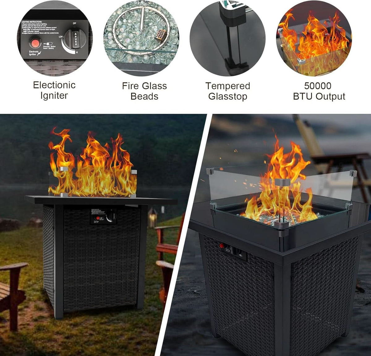 8 Piece Rattan Patio Set With 28In Gas Fire Pit Brown Blue