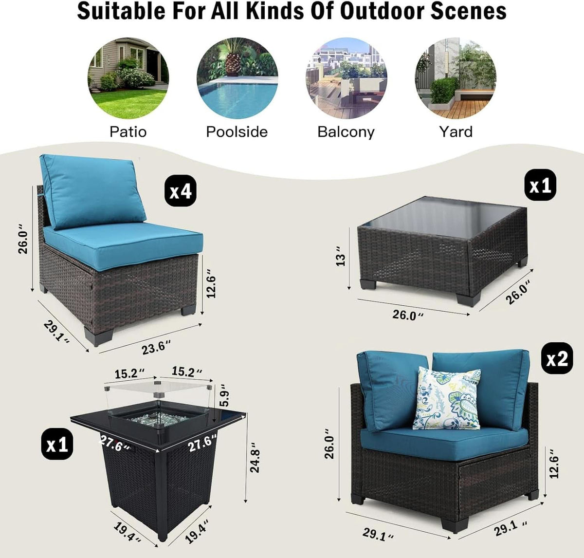 8 Piece Rattan Patio Set With 28In Gas Fire Pit Brown Blue