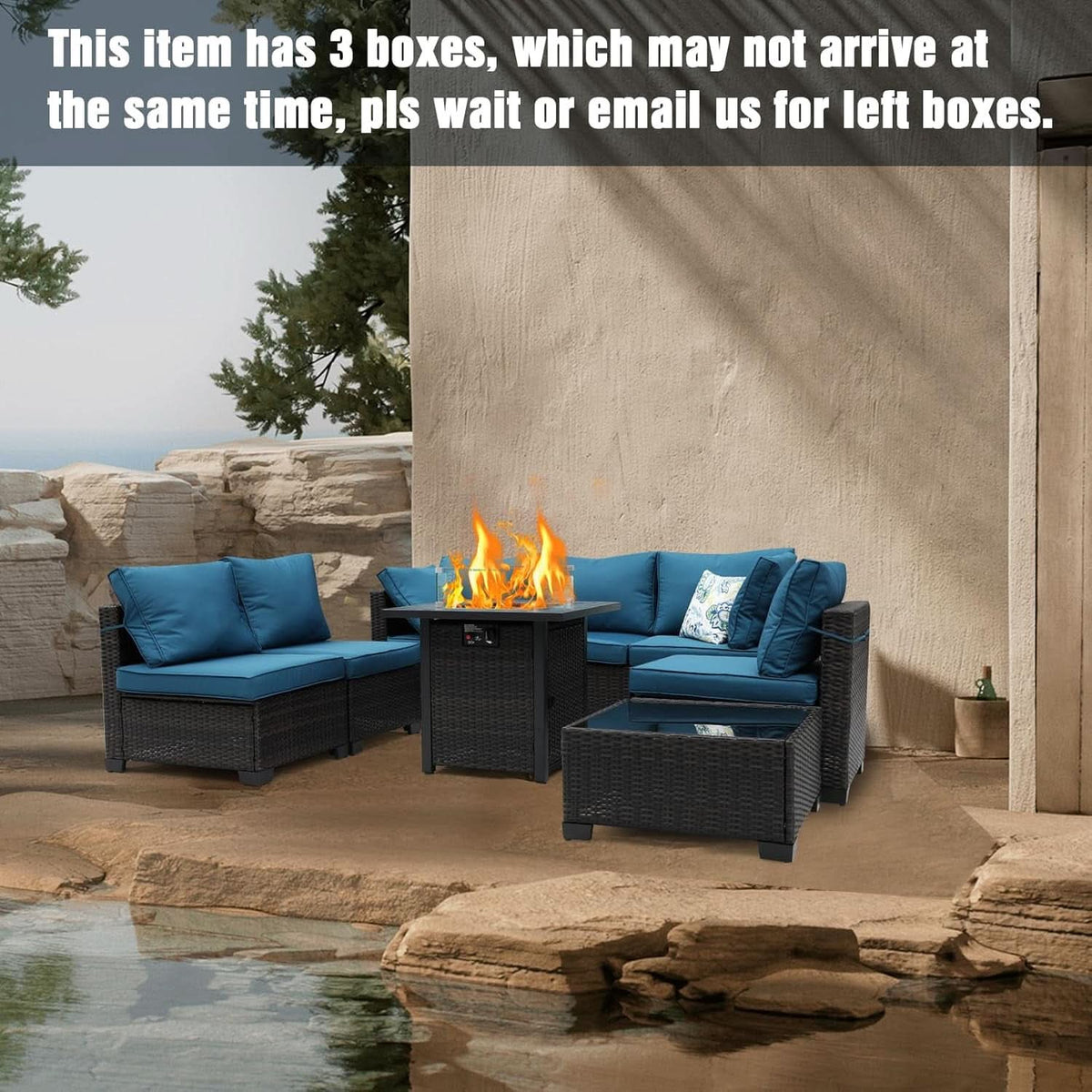 8 Piece Rattan Patio Set With 28In Gas Fire Pit Brown Blue