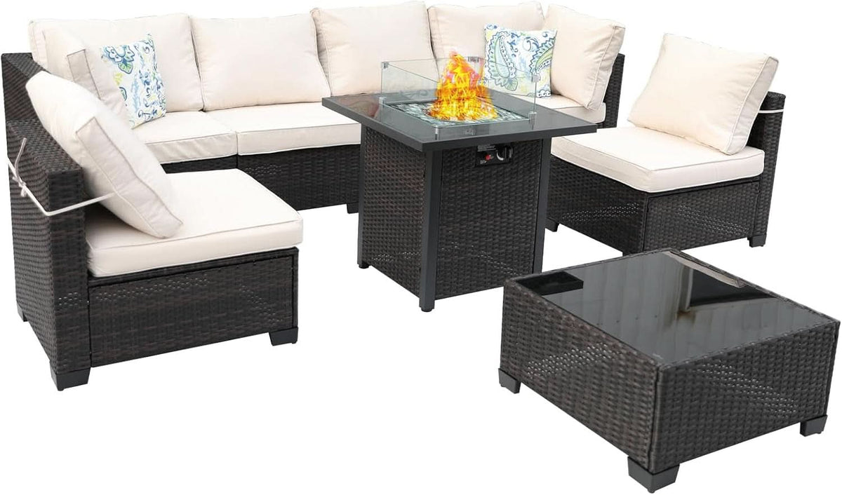 8 Piece Wicker Patio Furniture Set with Fire Pit