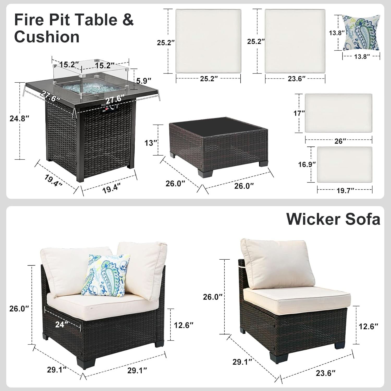 8 Piece Wicker Patio Furniture Set with Fire Pit