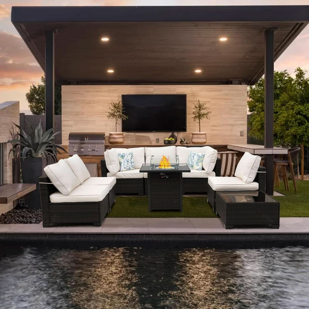 8 Piece Wicker Patio Furniture Set with Fire Pit