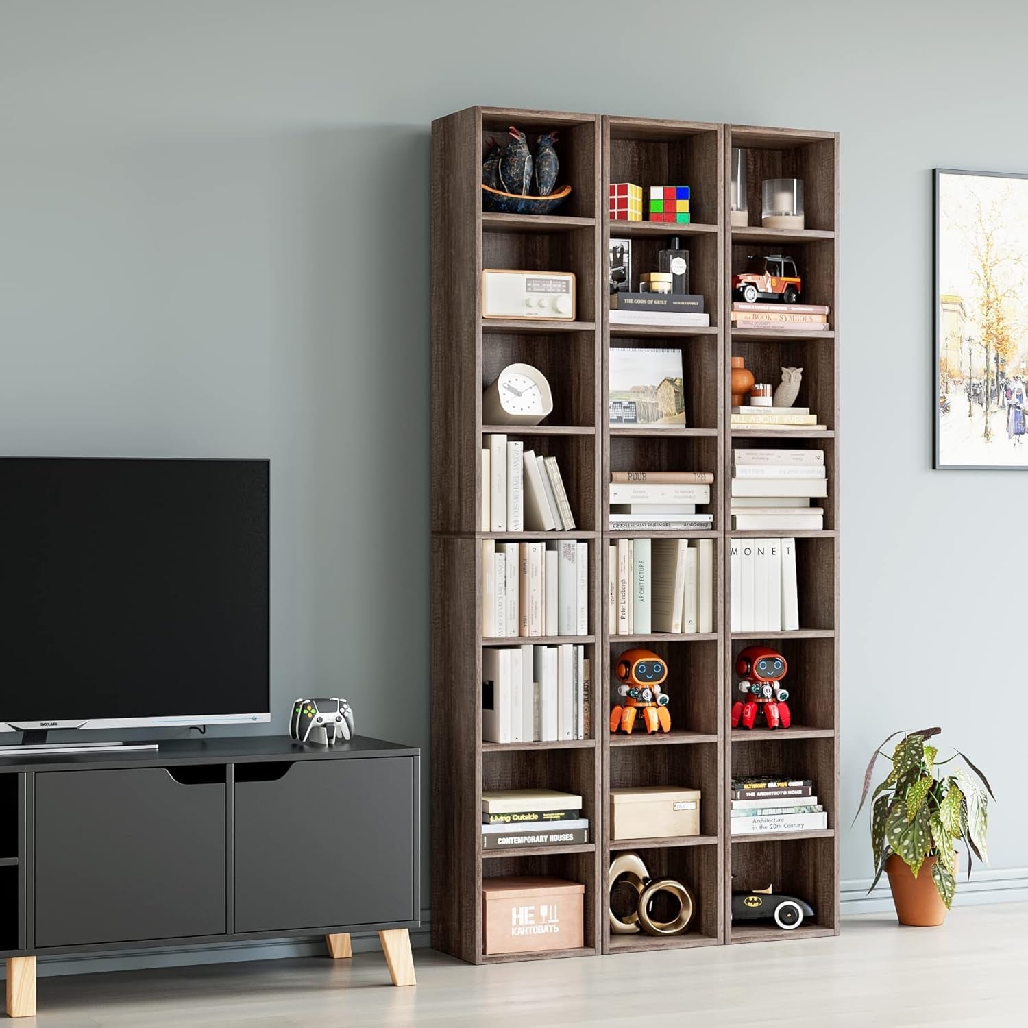 8 Tier Media Tower Rack Oak With Adjustable Shelves