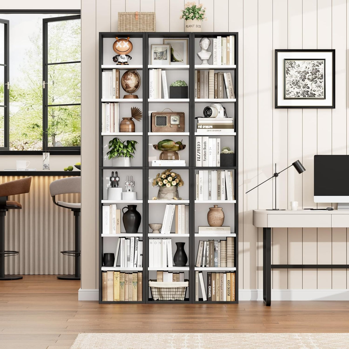 8 Tier Media Tower Rack With Adjustable Shelves Black White