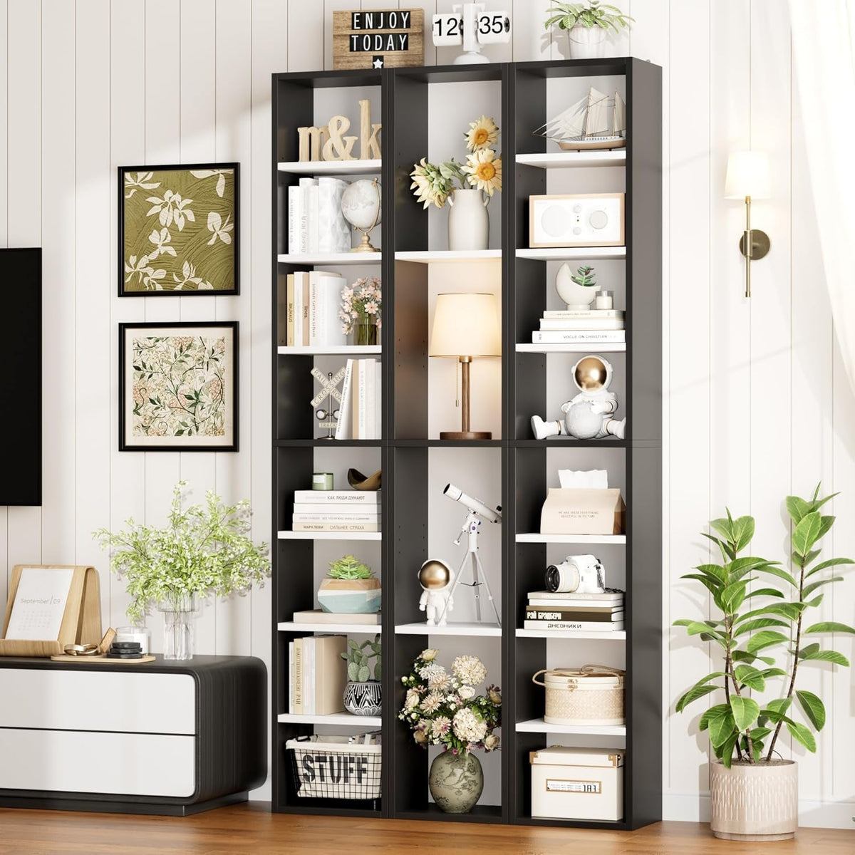 8 Tier Media Tower Rack With Adjustable Shelves Black White