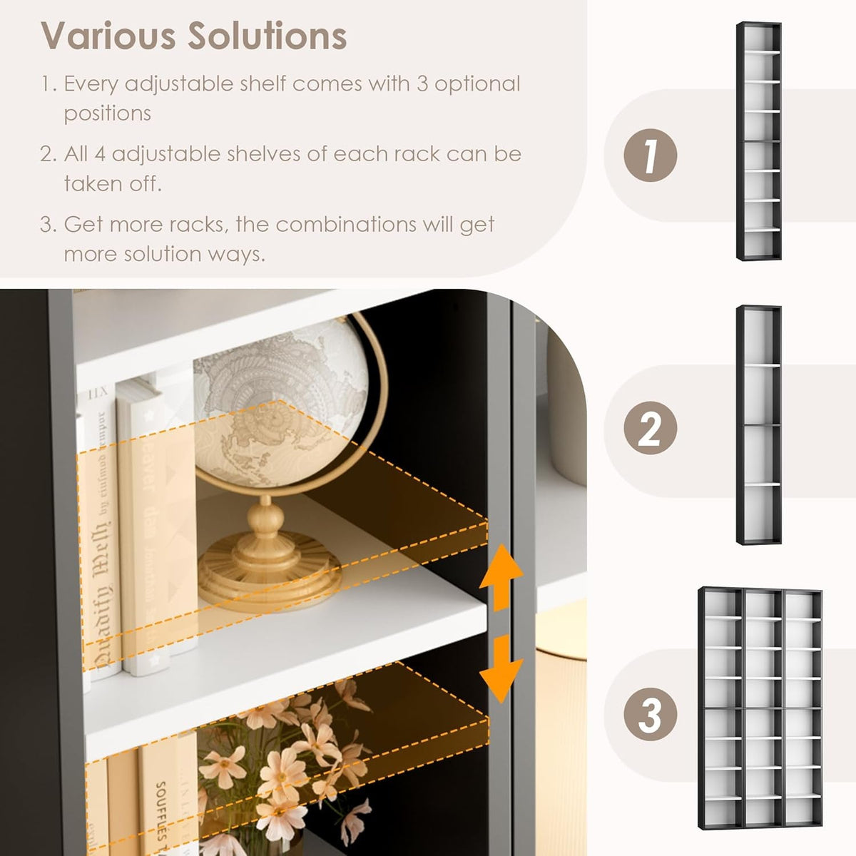 8 Tier Media Tower Rack With Adjustable Shelves Black White