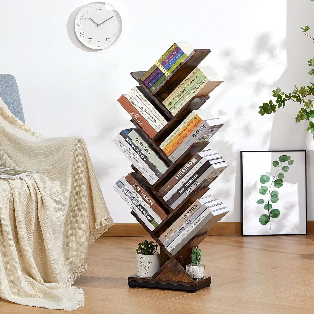 8 Tier Tree Bookshelf Floor Standing Bookcase For Books CDs Rustic Wood