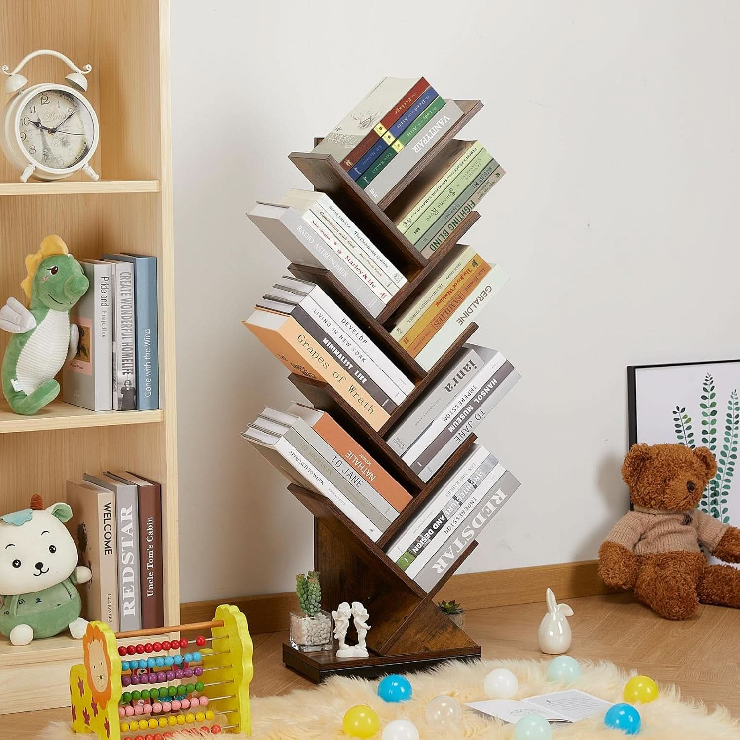 8 Tier Tree Bookshelf Floor Standing Bookcase For Books CDs Rustic Wood