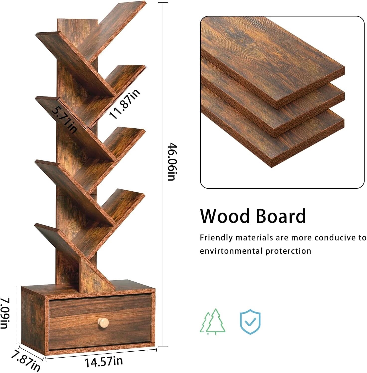 8 Tier Tree Bookshelf With Drawer Rustic Brown Wood