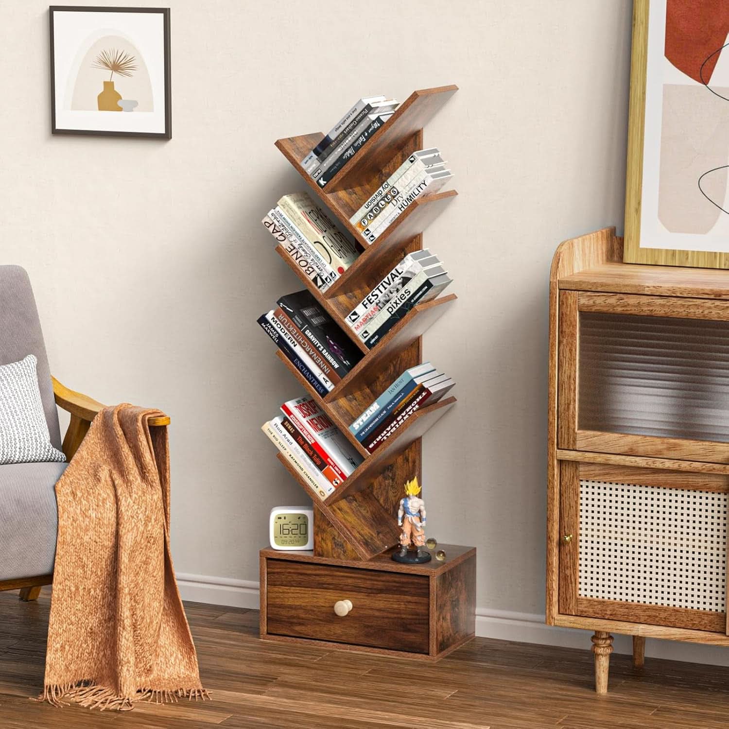 8 Tier Tree Bookshelf With Drawer Rustic Brown Wood