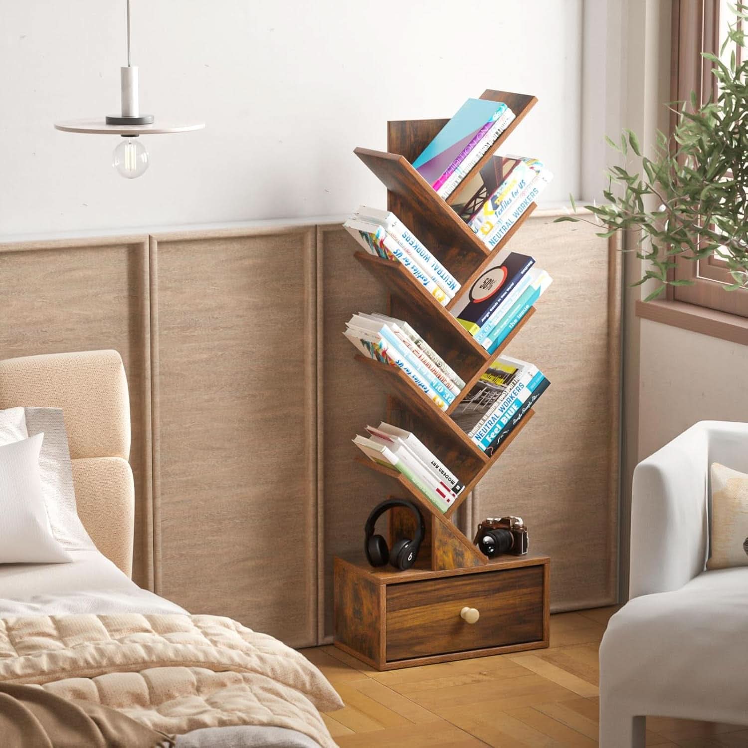 8 Tier Tree Bookshelf With Drawer Rustic Brown Wood