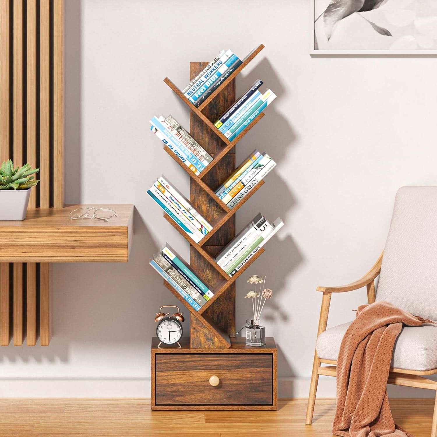 8 Tier Tree Bookshelf With Drawer Rustic Brown Wood